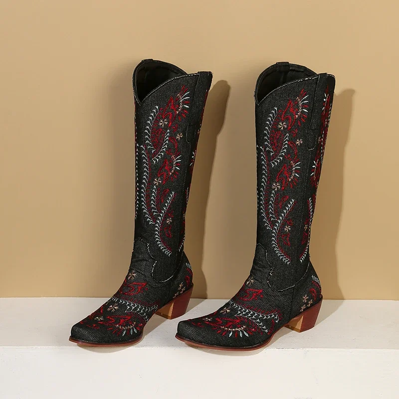 ブルーデニムウエスタンカウガールニーハイブーツ女性刺繍フラワ - Western Cowgirl Boot のレビューと価格
